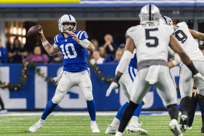 Dec 31, 2023; Indianapolis, Indiana, USA; Indianapolis Colts quarterback Gardner Minshew (10) passes the ball in the second half against the Las Vegas Raiders at Lucas Oil Stadium.